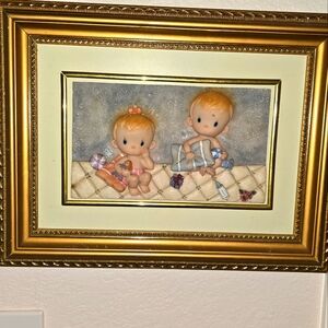 Framed Baby Figurine Art in Gold Frame